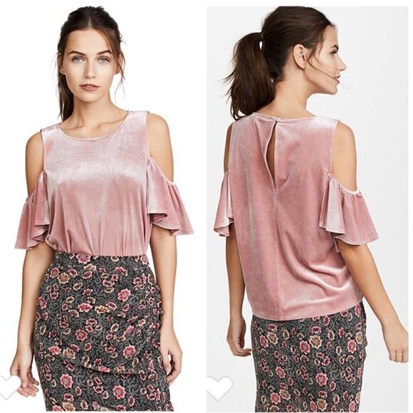 Nwt REBECCA MINKOFF Monsoon Pink Ruffled Cold Shoulder Velvet Blouse Top Sz S - Picture 2 of 10